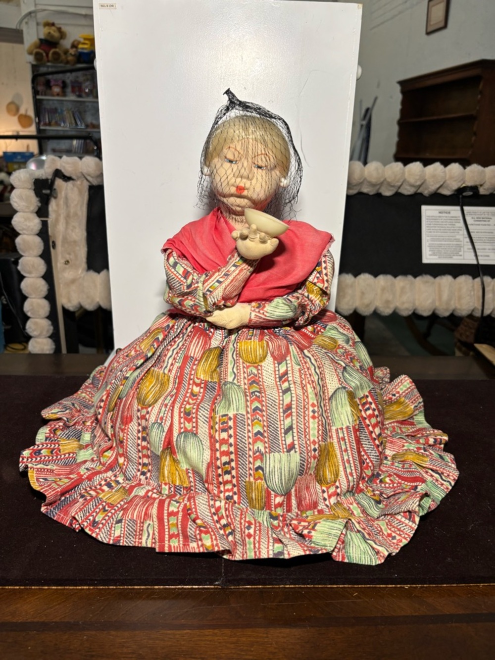 Handcrafted Decorative Sitting Doll in Red Patterned Dress